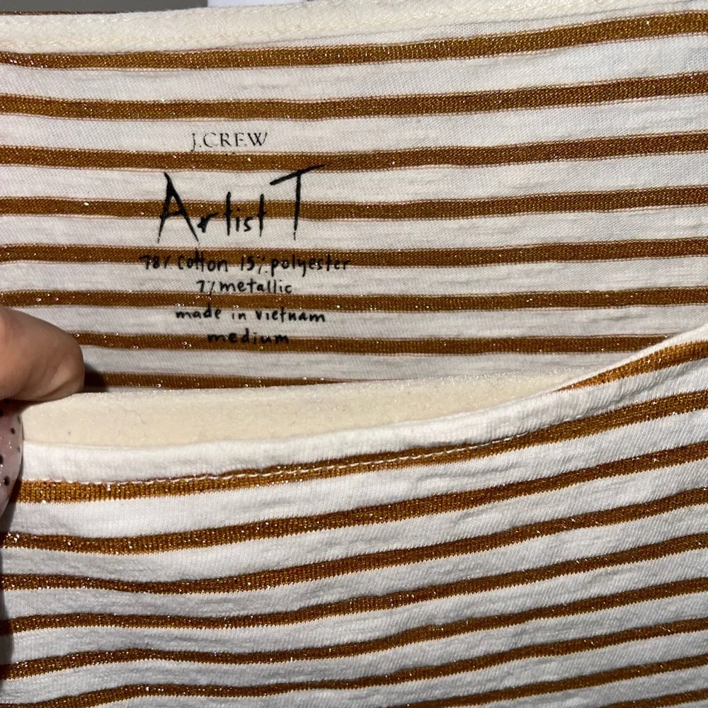 J. Crew Gold Metallic White Striped Long Sleeve Tee Boat Neck Lightweight